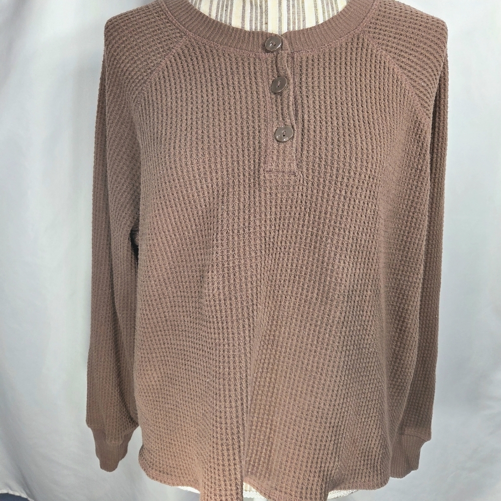 Old Navy Brown Waffle Knit 3 Button Neck Long Sleeve Cotton Blend Top Size Large